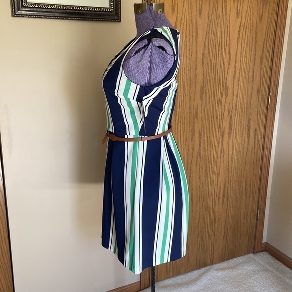 𝅺👗 BCX Striped A-Line Cutout Belted Dress Blue Green White Size 7 NWT - Picture 3 of 11